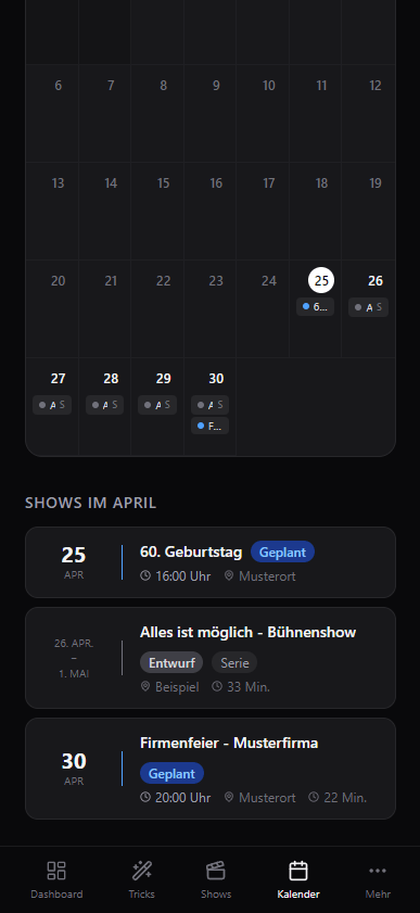 Auftritte im Kalender in Magician's Kit