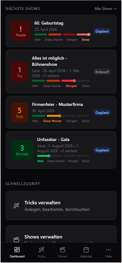 Dashboard mit Statistiken in Magician's Kit