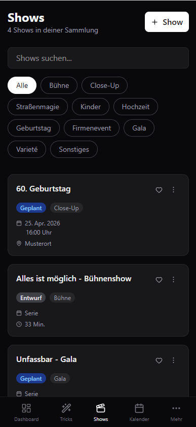 Shows-Übersicht in Magician's Kit