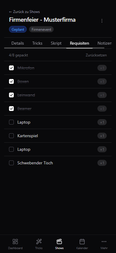 Requisiten-Checkliste einer Show in Magician's Kit