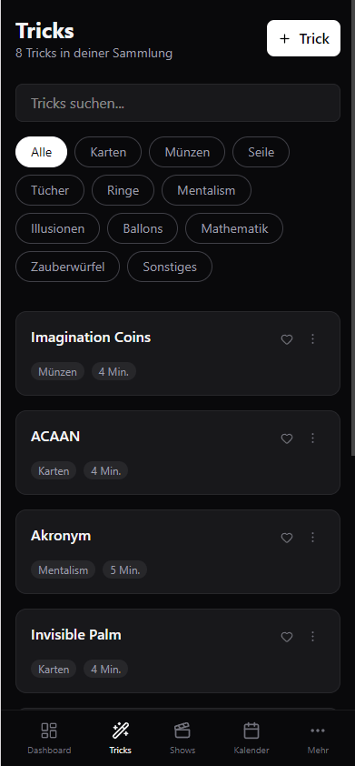 Tricks-Übersicht in Magician's Kit